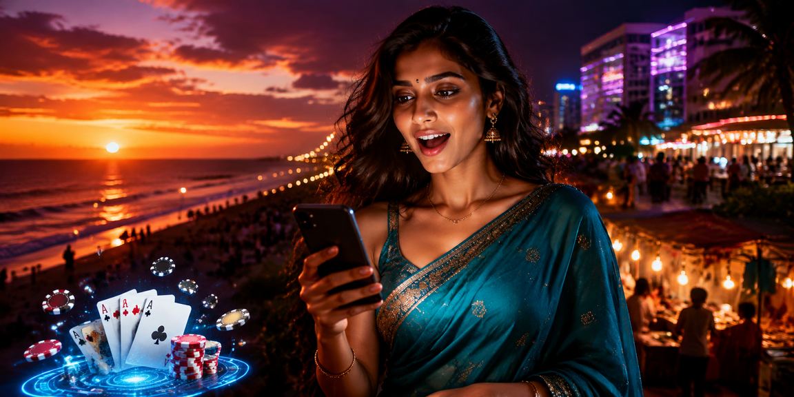Player enjoying poker game online in traditional saree attire