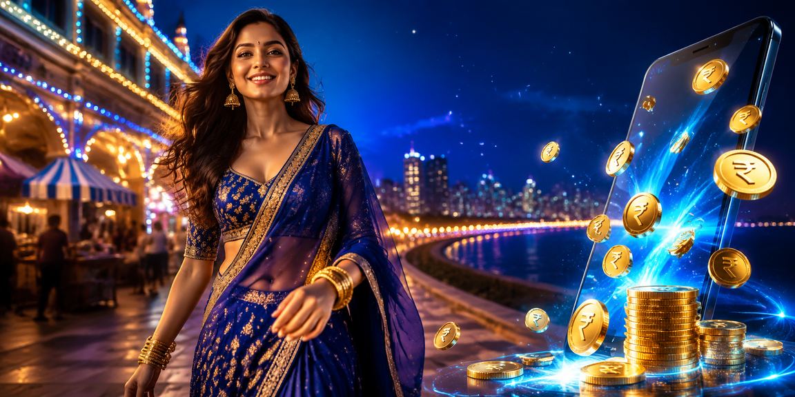 Mumbai Marine Drive area with festive lights and rupee symbol representing secure transactions